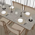 Natural Wooden Dining Table Set With Woven Chairs Vase And Tableware