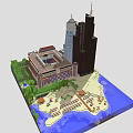 Cartoon Scenery With Various Buildings Sandy Beach Blue Water And Green Plants