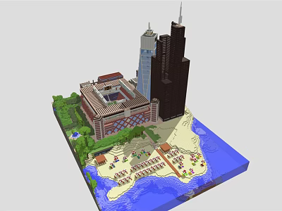 Modern cartoon scene stadium skyscraper beach with umbrella 3d model