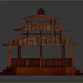 Traditional Wooden Gazebo With Multi Tiered Red Structure Curved Roof And Steps