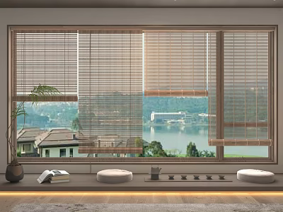 Wooden Window Blinds In Home Interior With Lake View Floor Cushions And Plants 3d model
