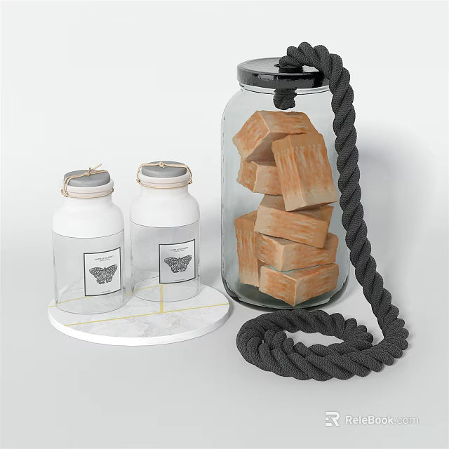 Bathroom Accessories With White Lidded Bottles Marble Base And Glass Jar With Wooden Blocks 3d model 