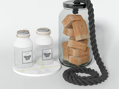 Bathroom Accessories With White Lidded Bottles Marble Base And Glass Jar With Wooden Blocks 3d model