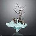 Floating Ice Platform With Leafless Tree And Group Of Reindeer On Dark Background