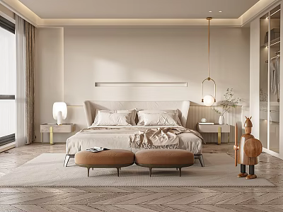 Elegant Modern Bedroom Interior Design With Light Colored Bed Nightstands Pendant Light And Geometric Rug 3d model
