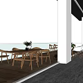 Modern Dining Table Set With Wooden Chairs And Potted Plants By Large Windows