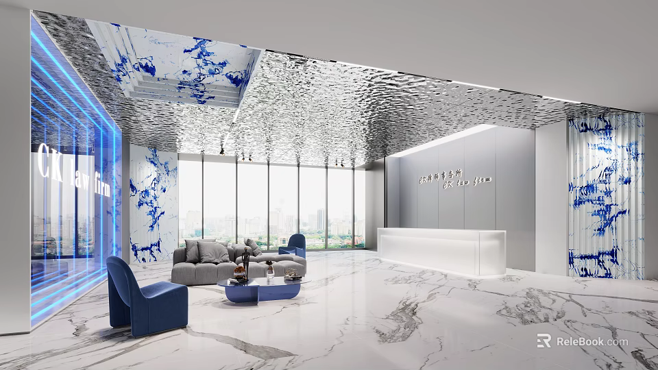 Modern Reception Area With White Desk Blue Decorations Large Windows And Marble Flooring 3d model 