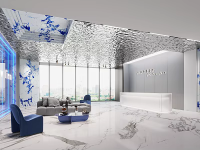 Modern Reception Area With White Desk Blue Decorations Large Windows And Marble Flooring 3d model