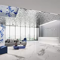 Modern Reception Area With White Desk Blue Decorations Large Windows And Marble Flooring 3d model