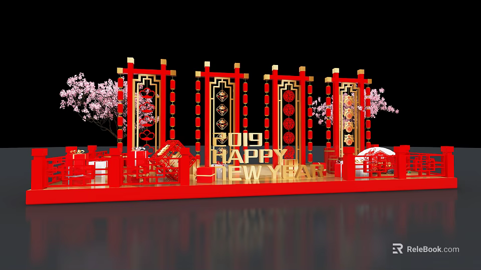 2019 Happy New Year Festive Decorations With Red Lanterns Cherry Blossom Trees 3d model 