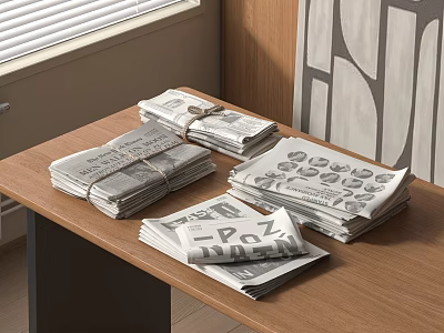Several Stacks of Magazines Tied with String Arranged on Wooden Table with Geometric Wall Design 3d model