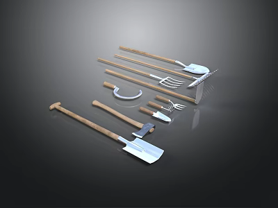 Essential Garden Tools Set With Wooden Handles And Metal Heads Including Shovel Rake Fork Sickle 3d model
