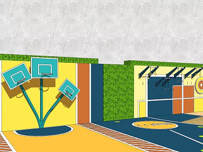 Green Feature Wall In Sports Zone With Colorful Surrounding Walls Basketball Hoops And Patterned Floor Design 3d model