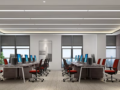 Modern Public Office Space With Desks Computers Red Chairs Windows And Green Plants 3d model