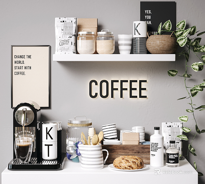 Stylish Coffee Kitchenware Collection with Maker Mugs Jars Shelf Bread and Green Plant 3d model 