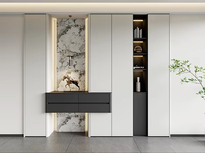 Modern Entryway Cabinet And Side Cabinet With Marble Backdrop And Storage Shelves 3d model
