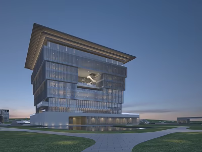 Modern Office Building With Glass Facade Unique Roof Design And Lawn Pathway 3d model