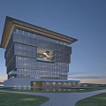 Modern Office Building With Glass Facade Unique Roof Design And Lawn Pathway