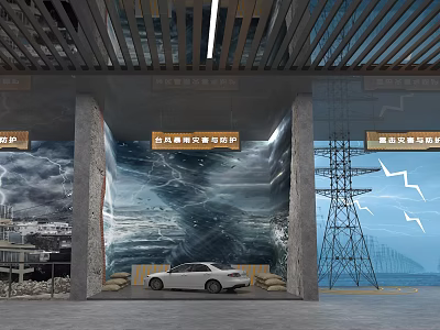 Emergency Evacuation Shelter Site With White Car Storm Waves Lightning And Power Tower 3d model