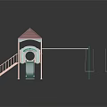 Children Playground Structure With Green Slide Red Roof And Wooden Swings