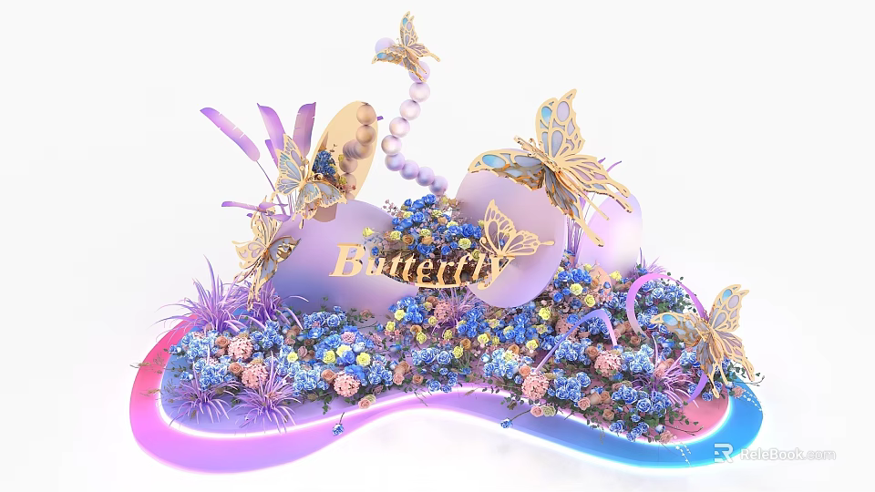 Exquisite Floral Installation with Butterflies Purple Blue Flowers Decorative Beads And Neon Lighting Accents 3d model 