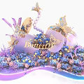 Exquisite Floral Installation with Butterflies Purple Blue Flowers Decorative Beads And Neon Lighting Accents