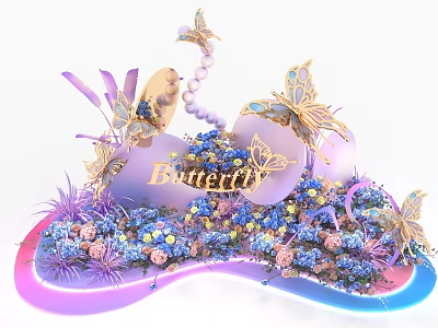 Exquisite Floral Installation with Butterflies Purple Blue Flowers Decorative Beads And Neon Lighting Accents 3d model