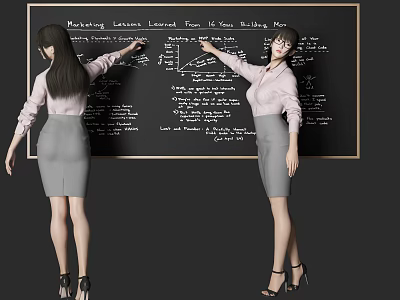 Two women explaining marketing charts external tools for business growth on blackboard 3d model