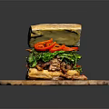 Fresh Artisan Sandwich With Red Bell Peppers Fresh Greens And Sliced Meat On Wooden Board