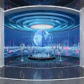 Modern Corporate Exhibition Space Interior Design With Technological Blue Lighting And Digital Screens