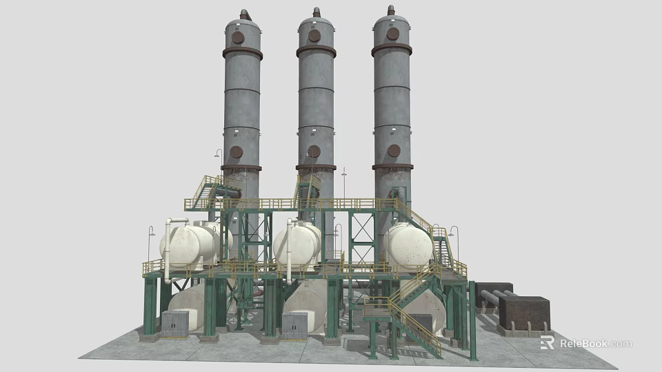 Industrial Equipment With Three Tall Towers Green Metal Framework White Storage Tanks Staircases And Pipes 3d model 