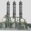 Industrial Equipment With Three Tall Towers Green Metal Framework White Storage Tanks Staircases And Pipes