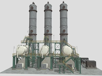 Industrial Equipment With Three Tall Towers Green Metal Framework White Storage Tanks Staircases And Pipes 3d model