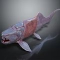 Aquatic Animal Shark Sculpture Featuring Gray and Red Color Sharp Teeth Fins and Reflective Surface
