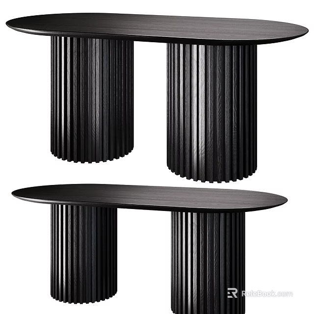Contemporary Black Dining Table With Fluted Wooden Legs And Oval Top 3d model 