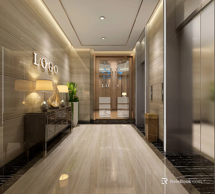 Modern Elevator Hallway Interior With Wall Logo Lamps Potted Plants And Marble Flooring 3d model 
