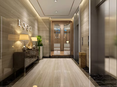 Modern Elevator Hallway Interior With Wall Logo Lamps Potted Plants And Marble Flooring 3d model