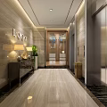 Modern Elevator Hallway Interior With Wall Logo Lamps Potted Plants And Marble Flooring