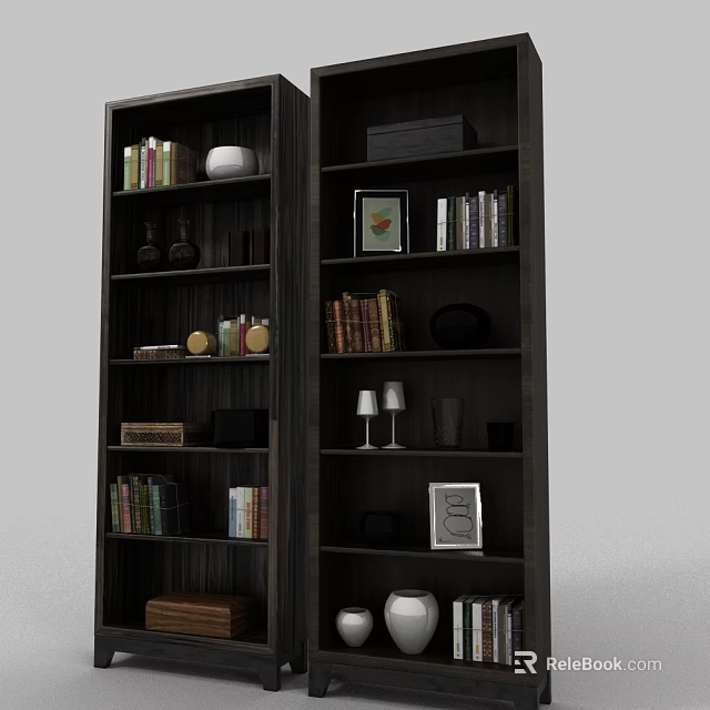 Dark Wood Bookshelf With Books Photo Frames And Decorative Items On Multiple Shelves 3d model 