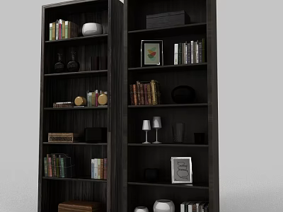 Dark Wood Bookshelf With Books Photo Frames And Decorative Items On Multiple Shelves 3d model