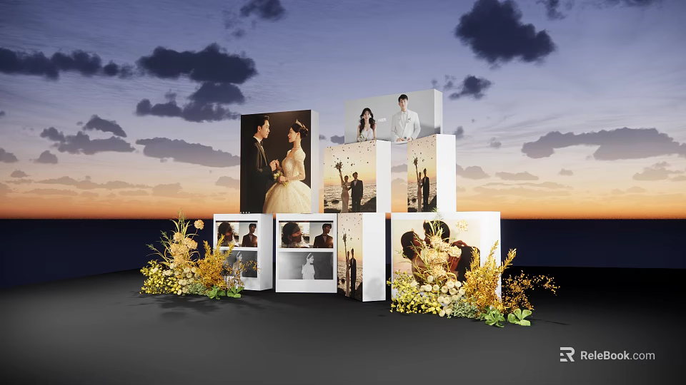 Elegant Wedding Photo Display With Multiple Cubes Flower Decorations And Sunset Background 3d model 