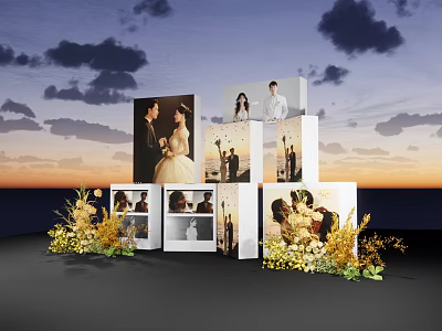 Elegant Wedding Photo Display With Multiple Cubes Flower Decorations And Sunset Background 3d model
