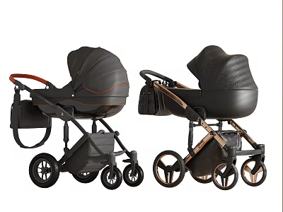 Two Stylish Black Baby Strollers With Brown Accents And Storage Bags 3d model