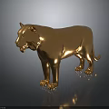Golden Lion Statue Standing Shiny Metallic Artwork On Dark Reflective Surface