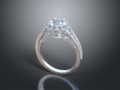 Elegant Sparkling Diamond Ring With Platinum Setting And Intricate Carved Design 3d model