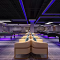 Modern Billiard Room Interior Design With Pool Tables Balls Cues Ambient Lighting And Seating Area