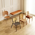 Different Designed Dining Chairs with Orange Leather Bench Light Colored Walls Wooden Floor Bright Lighting