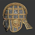 Ancient Metal Helmet With Intricate Grid Design And Decorative Facial Elements