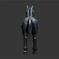 Metallic Mechanical Horse Character With Blue Glowing Eyes And Shiny Surface