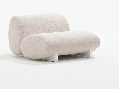Modern Minimalist Single Sofa With Beige Bouclé Fabric And Rounded Shape On White Metal Legs 3d model